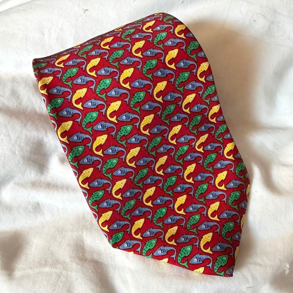 Robert Talbott Necktie Mens OS Red Excellent Silk Fish Pattern H. Stockton Tie